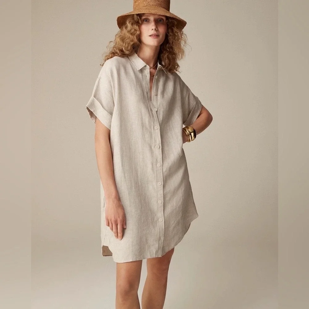 J. Crew 100% Linen Capitaine Shirt Dress M Short Sleeve Button Down Beige Tan